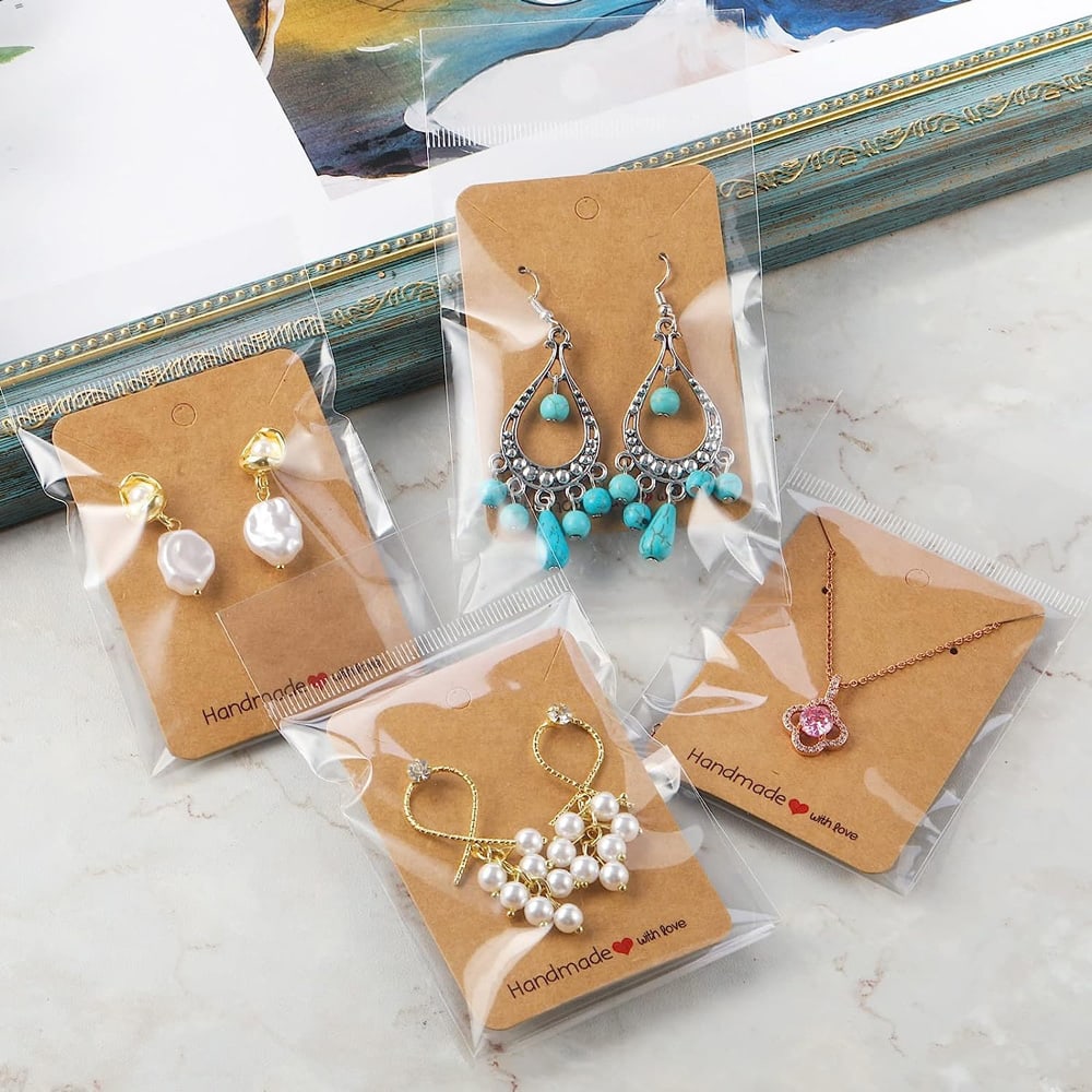 Suport cercei și colier din hârtie cu mesaj Handmade - kraft (set 100 buc) 6x9cm