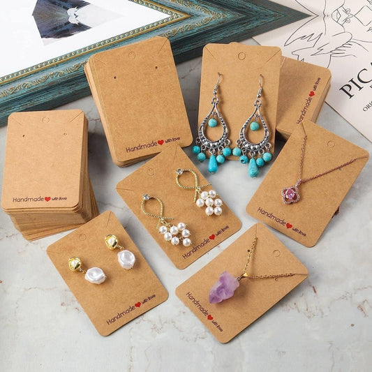 Suport cercei și colier din hârtie cu mesaj Handmade - kraft (set 100 buc) 6x9cm