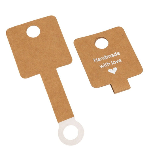 Suport pătrat cu adeziv și mesaj Handmade with love - kraft (set 100 buc)