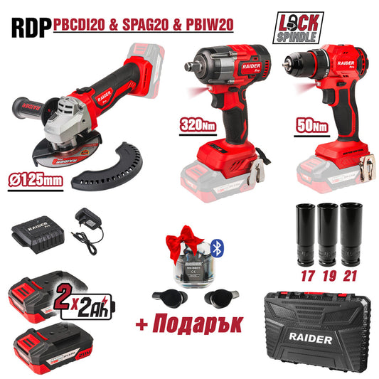 Raider R20 trusa bormasina polizor unghiular cheie impact si casti bluetooth cadou 20V 2x2.0Ah RDP