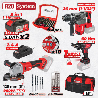 Raider R20 set masina de gaurit, rotopercutor si flex + 2x5.0Ah + Accesorii RDP-BXS1