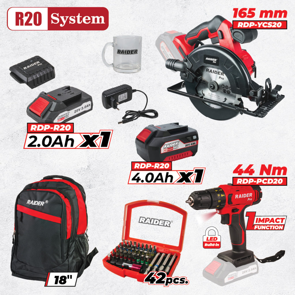 Raider R20 set masina de gaurit si circular 2x5.0Ah + Accesorii RDP-BXS2