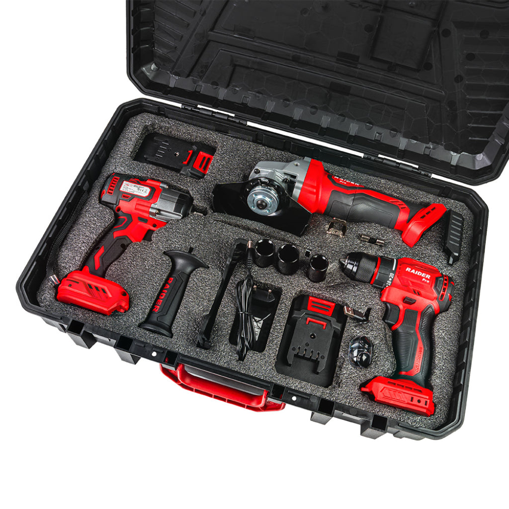 Raider R20 trusa bormasina polizor unghiular cheie impact si casti bluetooth cadou 20V 2x2.0Ah RDP