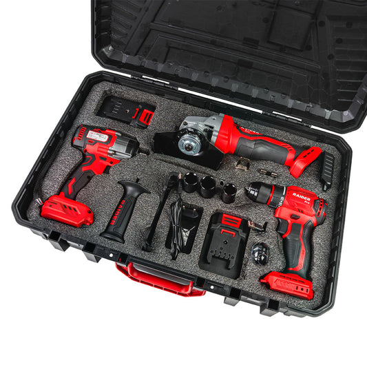 Raider R20 trusa bormasina polizor unghiular cheie impact si casti bluetooth cadou 20V 2x2.0Ah RDP