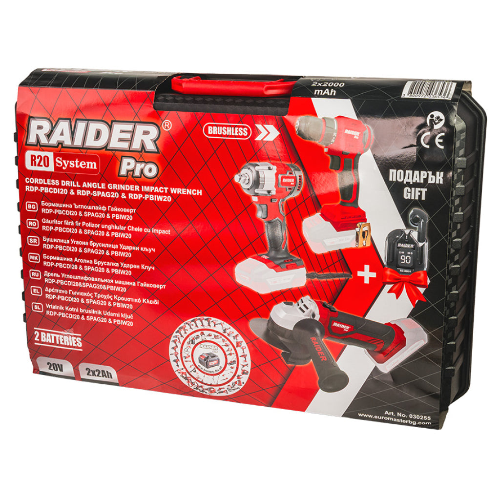 Raider R20 trusa bormasina polizor unghiular cheie impact si casti bluetooth cadou 20V 2x2.0Ah RDP