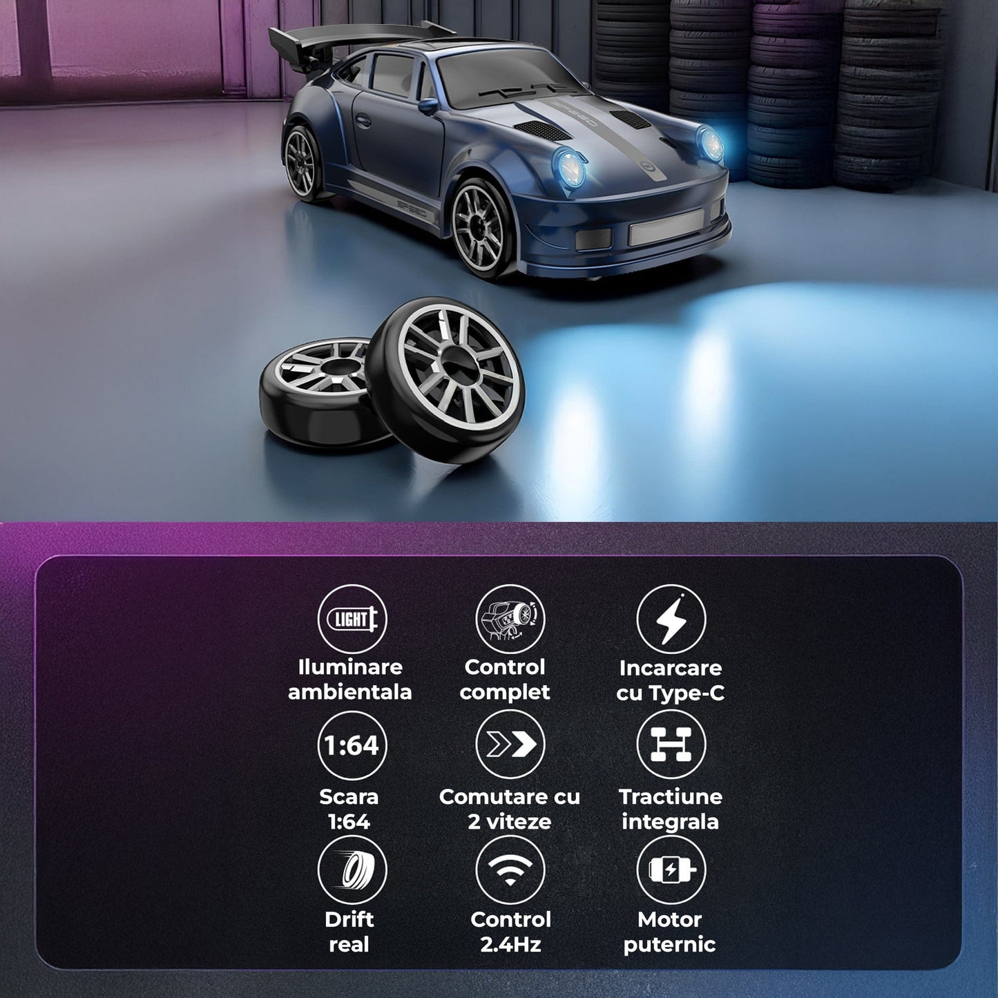 Masina cu telecomanda RC, 1:64, 4x4, Lumini LED, Viteza si drift pe masa