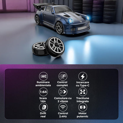 Masina cu telecomanda RC, 1:64, 4x4, Lumini LED, Viteza si drift pe masa