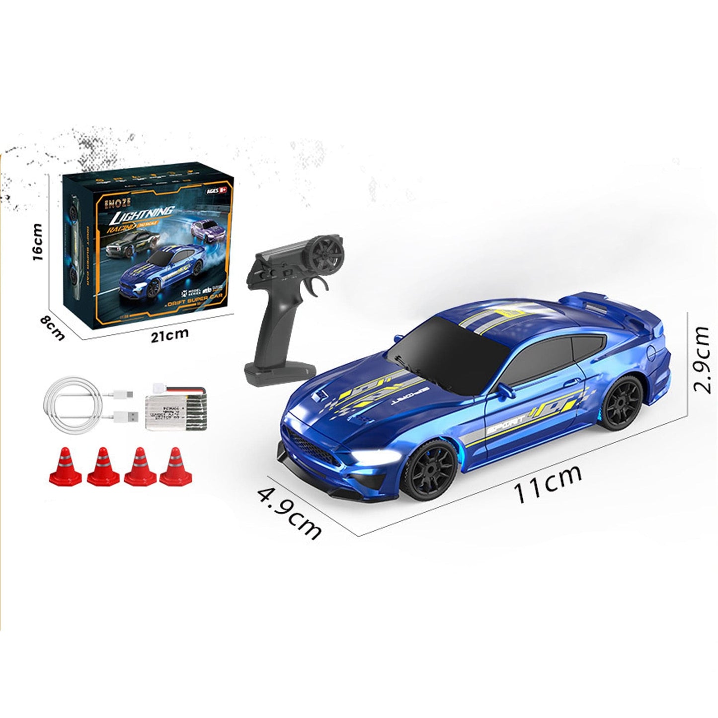 Masina RC Drift 1:43 cu Tractiune Integrala, 4 GHZ, Efecte Luminoase, Albastru