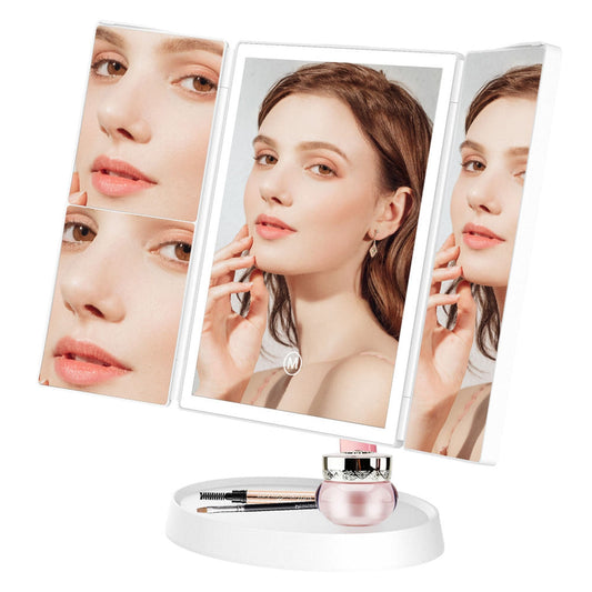 Oglinda Cosmetica Pliabila cu Iluminare LED, Trifold cu Marire 1X/2X/3X