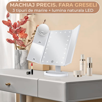Oglinda Cosmetica cu Iluminare LED, 2X, 3X si 10X Marire, Alimentare USB sau Baterii