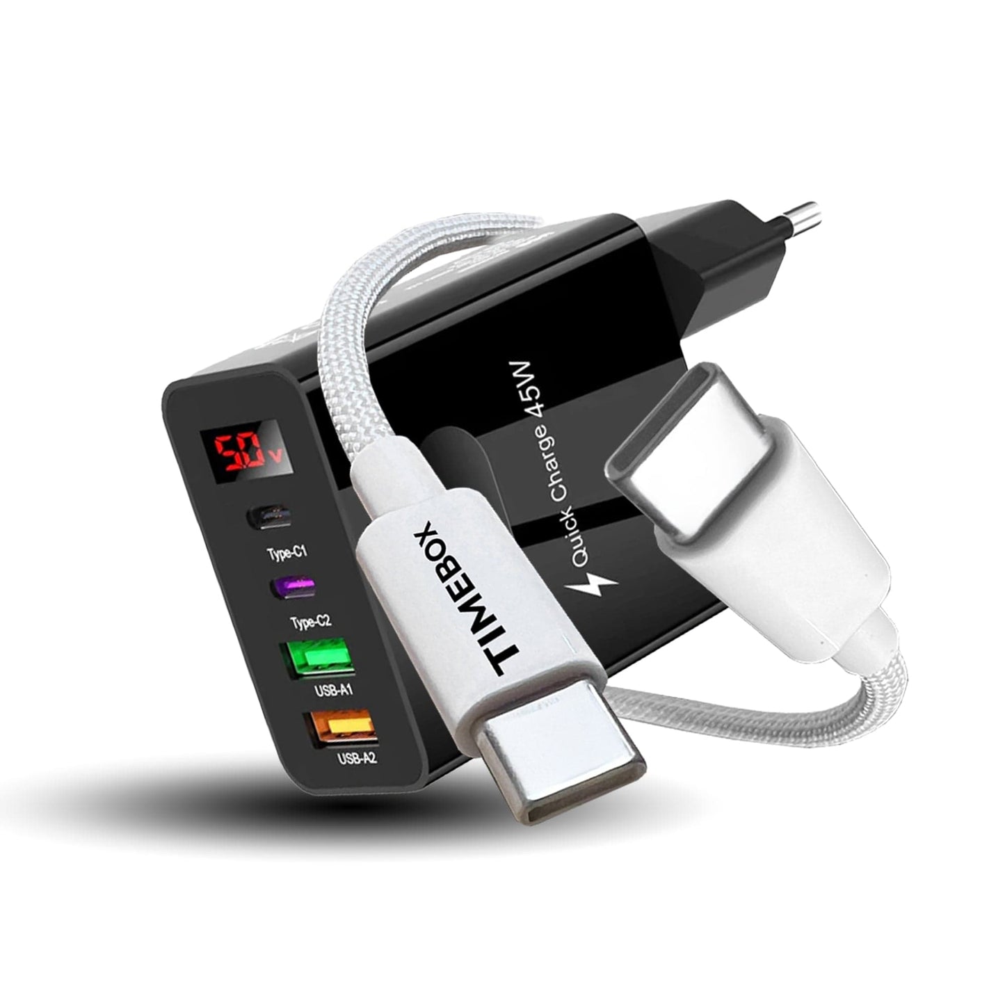 Incarcator Retea Timebox, 45W, cu 4 Porturi, 2 x Type-C si 2 x USB, Negru