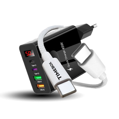 Incarcator Retea Timebox, 45W, cu 4 Porturi, 2 x Type-C si 2 x USB, Negru