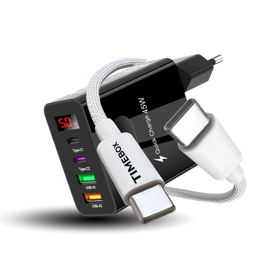 Incarcator Retea Timebox, 45W, cu 4 Porturi, 2 x Type-C si 2 x USB, Negru