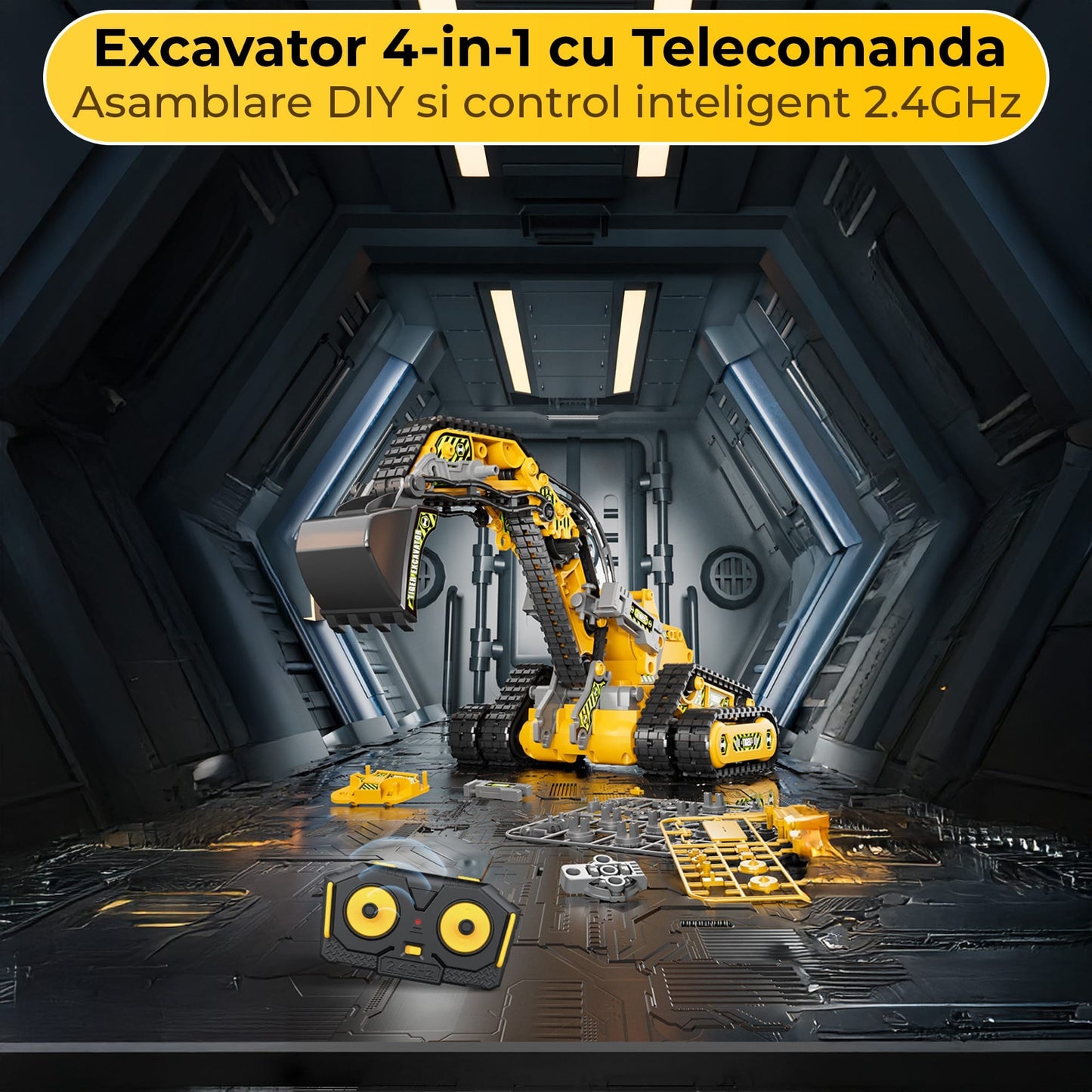 Set 4 in 1 Excavator Constructii Electric cu Telecomanda, Tanc, Galben