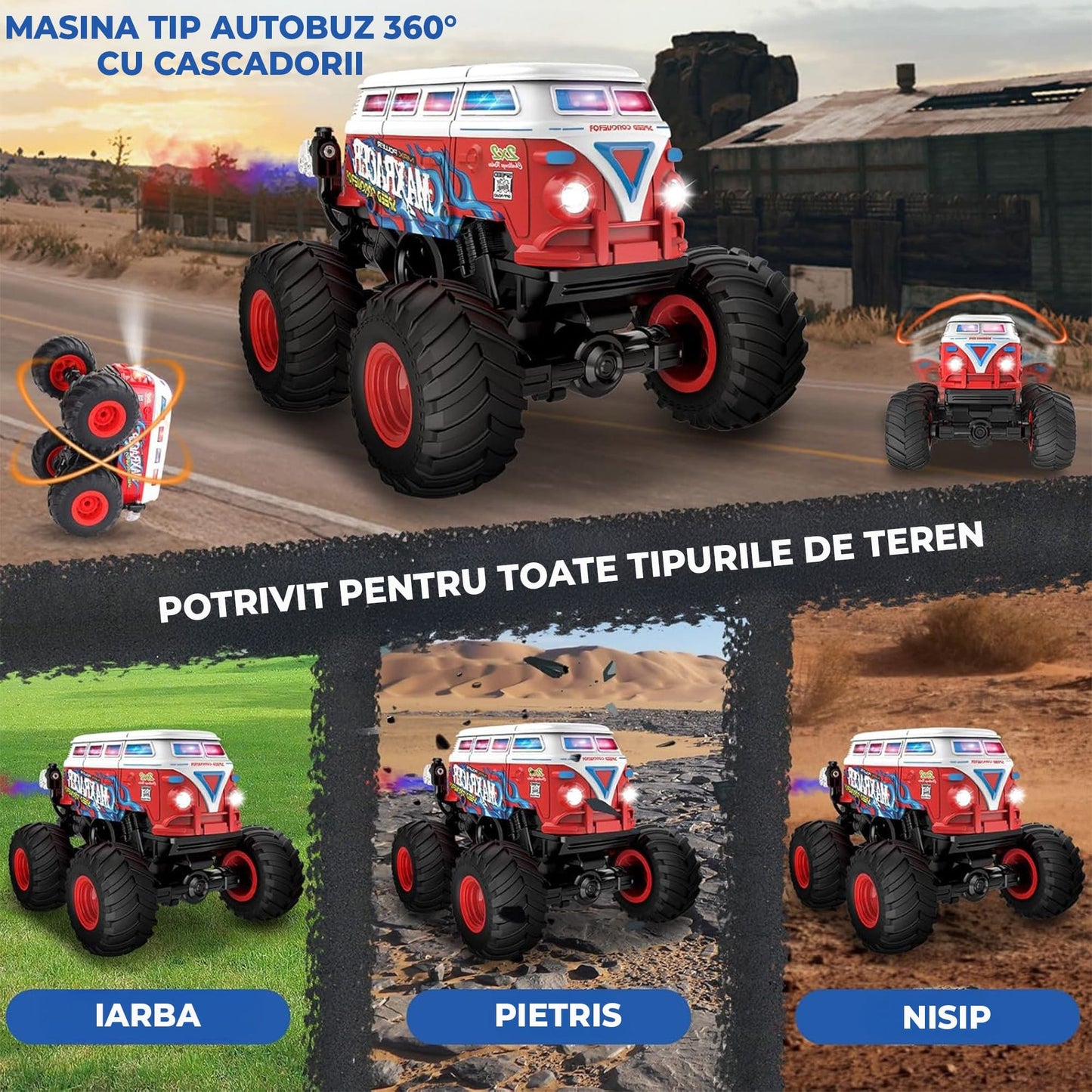 Masina cu Telecomanda Timebox, 1:20, 4x4, Tip Autobuz Scolar, Drift 360°, Rosu