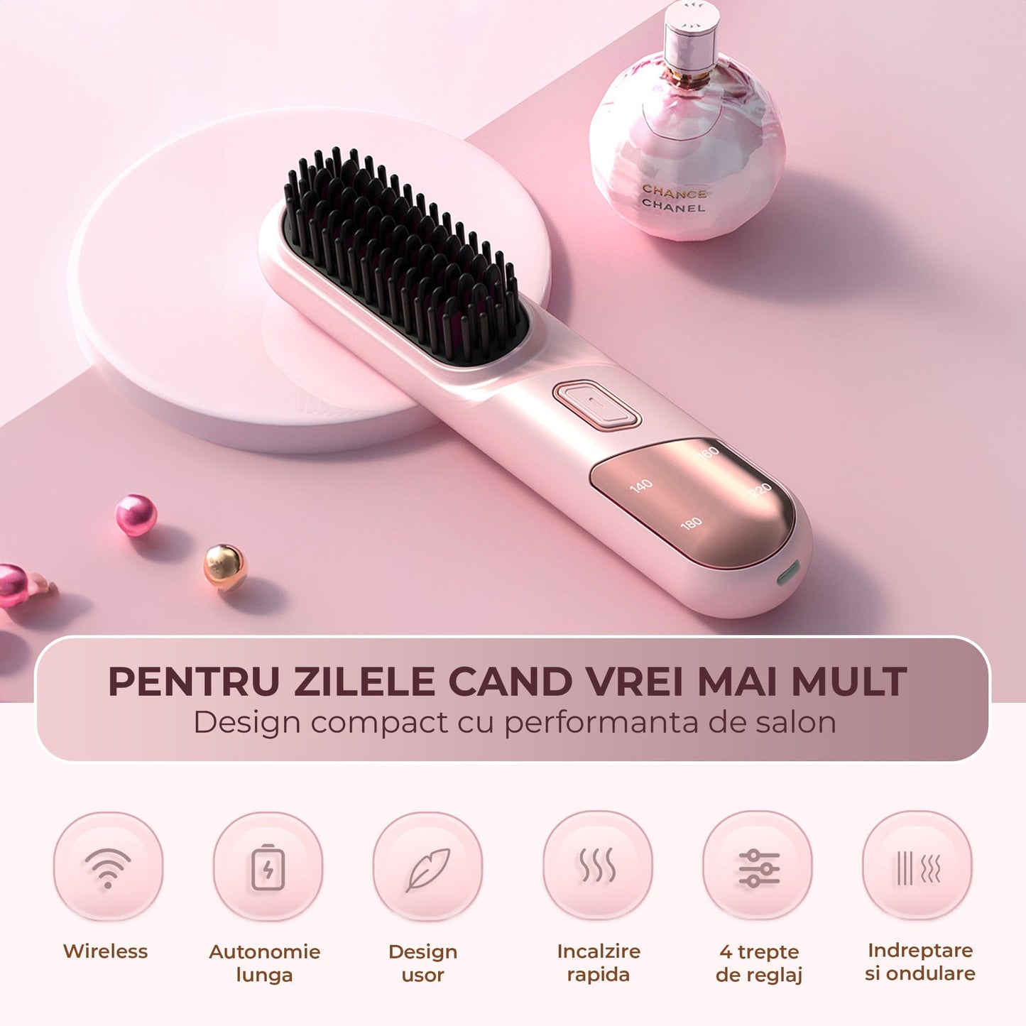 Perie Ionica pentru Indreptat si Ondulat Parul, Wireless, Placute Ceramice, Roz