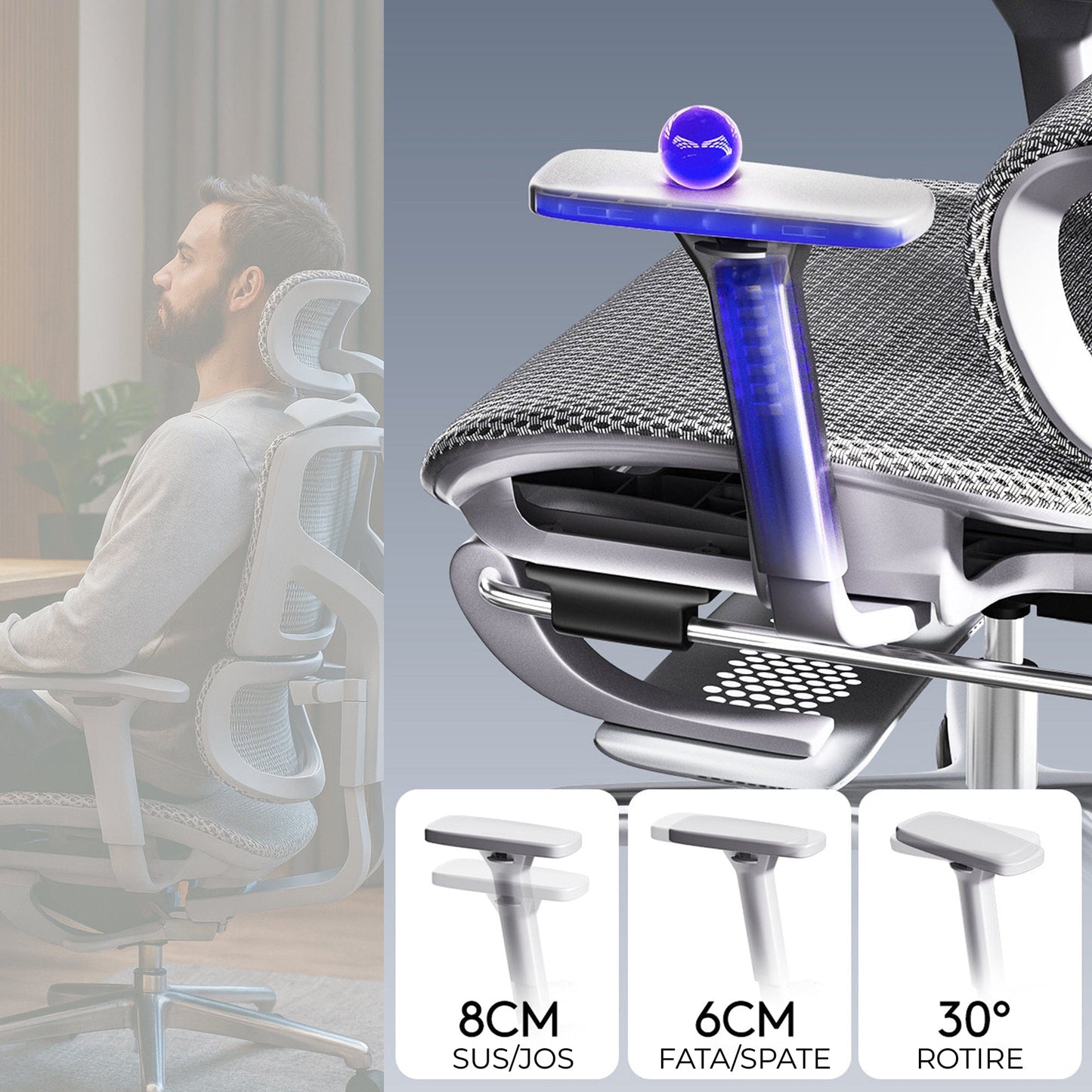 Scaun birou ergonomic Timebox, Tetiera, 4D armrest, Gri