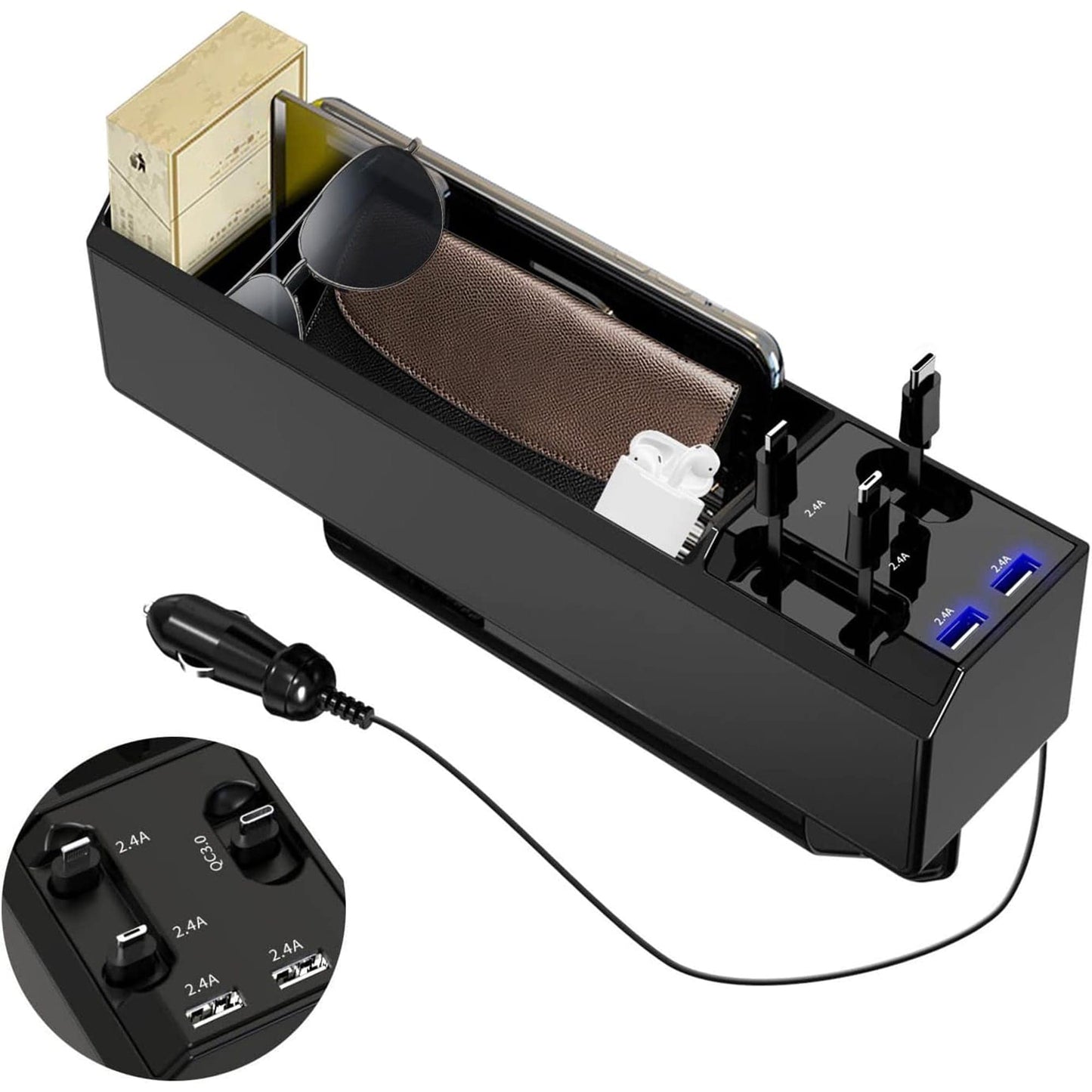 Organizator masina Timebox, Cablu integrat USB-C, Lightning, Micro-USB, Negru
