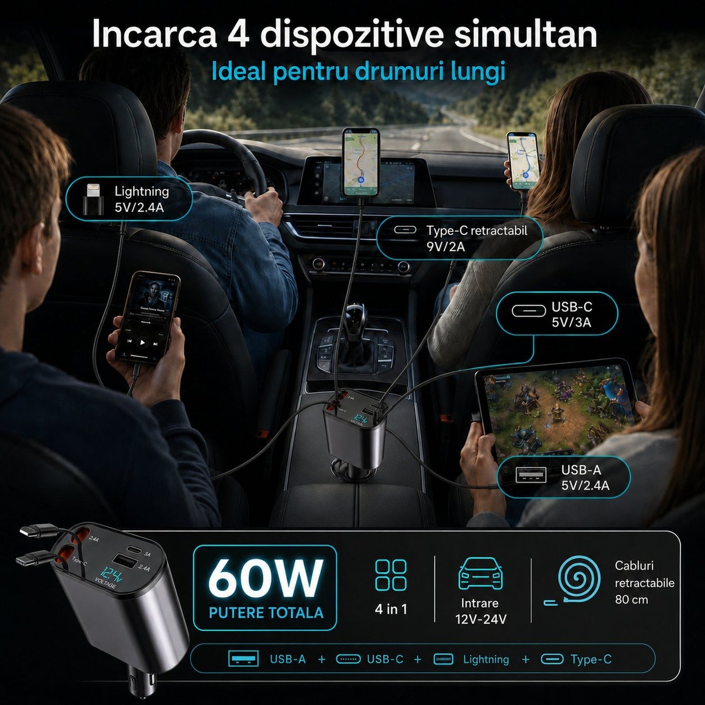 Incarcator auto 100W Super Fast Charge Timebox, Negru