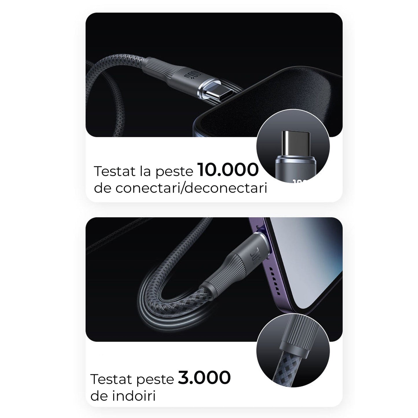 Cablu de Incarcare 3 in 1 Timebox, USB-C la Type-C, 100W, 1,5m, Lightning, Negru