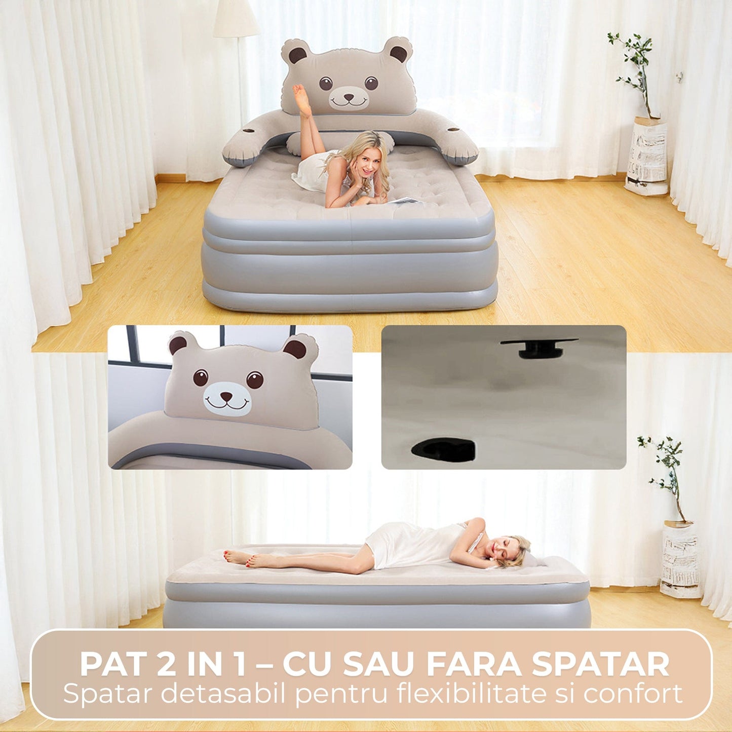 Pat Gonflabil Tip Ursulet pentru Adulti si Copii, 200x150x45 cm, Gri