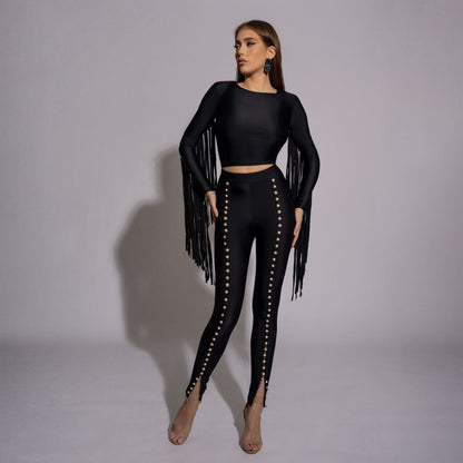 Bluza dama neagra modelatoare cu spate gol si franjuri
