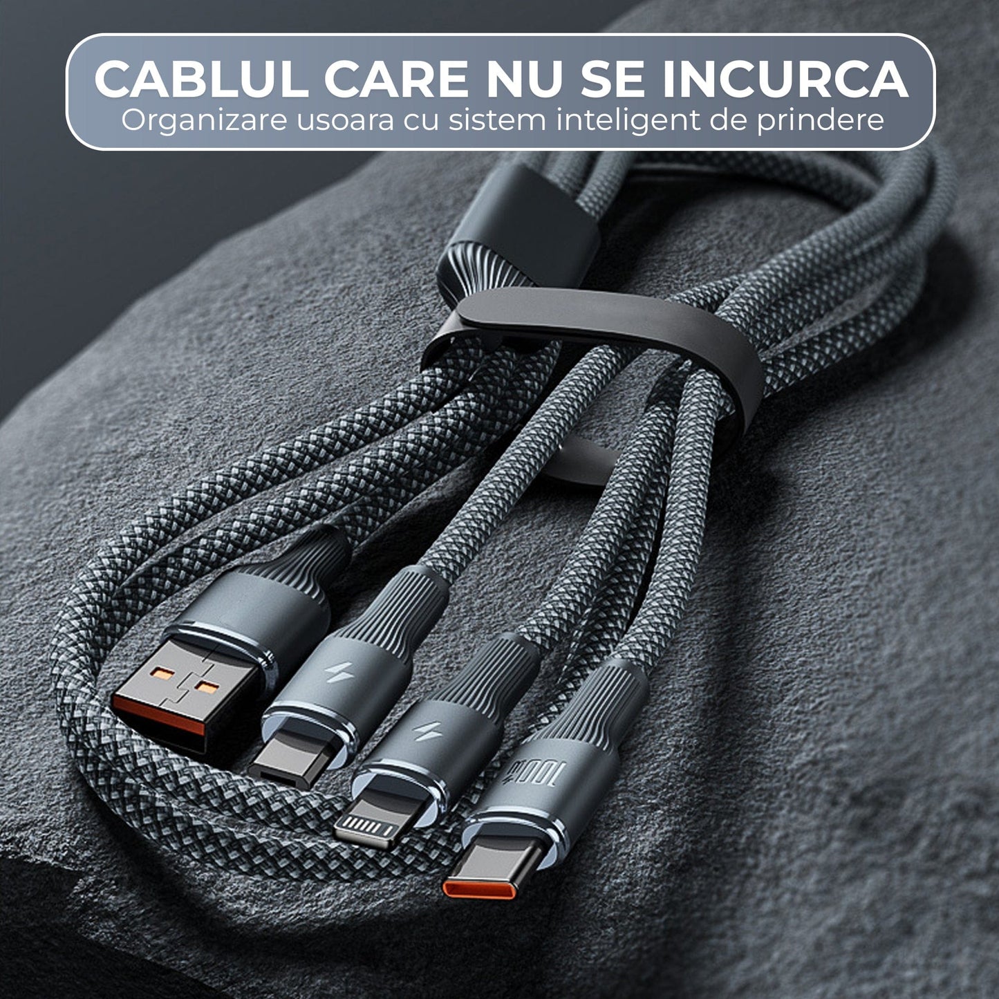 Cablu de Incarcare 3 in 1 Timebox, USB-C la Type-C, 100W, 1,5m, Lightning, Negru