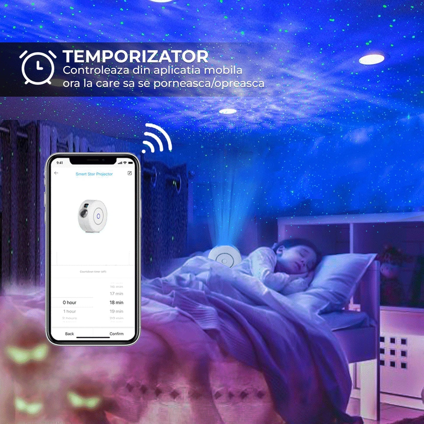 Lampa de veghe tip proiector stele cu aplicatie pe telefon, Alb
