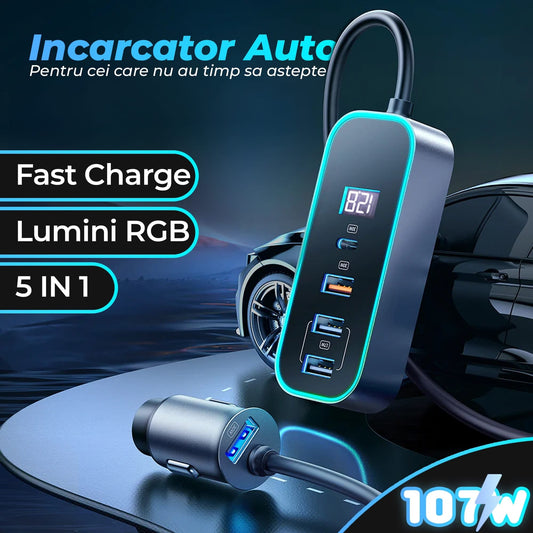 Incarcator auto 107W Fast Charge, 5 in 1, USB, Type-C, lumini RGB, Negru