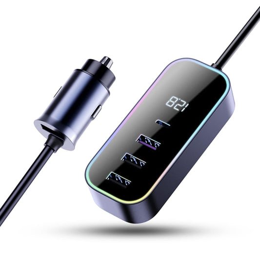 Incarcator auto 105W Fast Charge, 5 in 1, USB, Type-C, lumini RGB, Negru