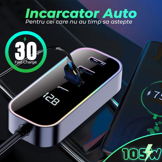 Incarcator auto 105W Fast Charge, 5 in 1, USB, Type-C, lumini RGB, Negru