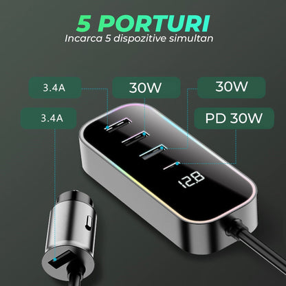 Incarcator auto 105W Fast Charge, 5 in 1, USB, Type-C, lumini RGB, Negru