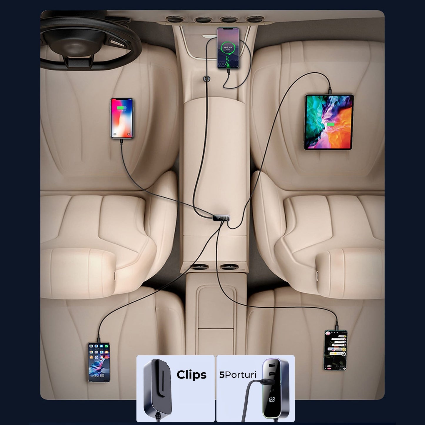 Incarcator auto 105W Fast Charge, 5 in 1, USB, Type-C, lumini RGB, Negru