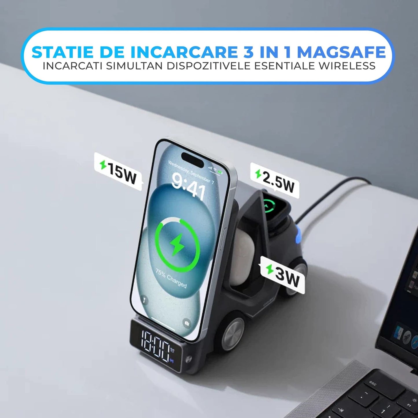Incarcator Wireless 3 in 1 Timebox, 15W, multifunctional, Samsung, Airpods, Gri