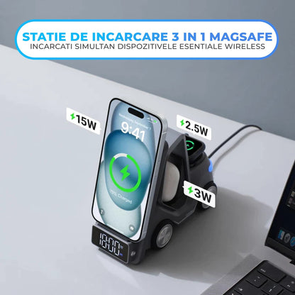 Incarcator Wireless 3 in 1 Timebox, 15W, multifunctional, Samsung, Airpods, Gri