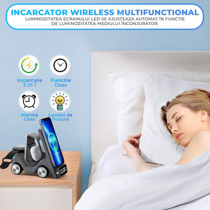 Incarcator Wireless 3 in 1 Timebox, 15W, multifunctional, Samsung, Airpods, Gri