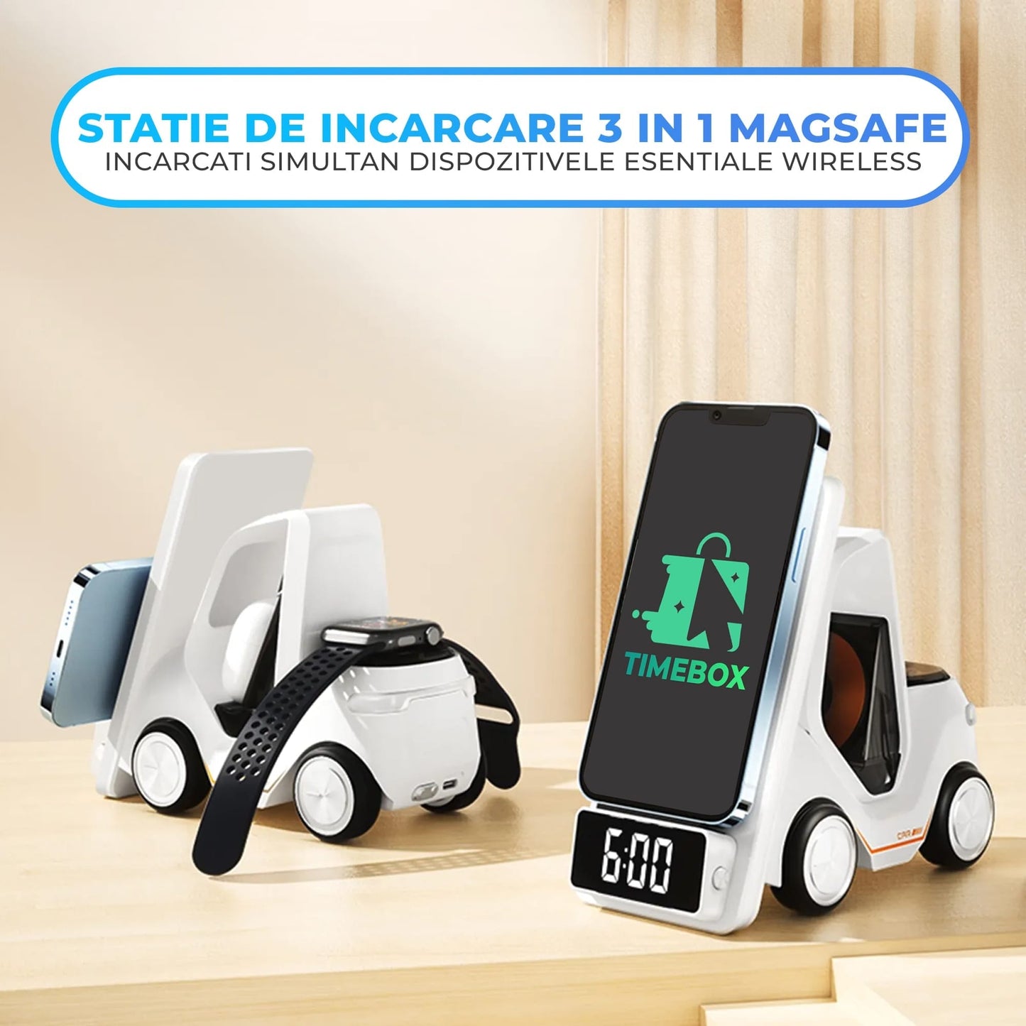Incarcator Wireless 3 in 1 Timebox, 15W, multifunctional, Samsung, Airpods, Alb