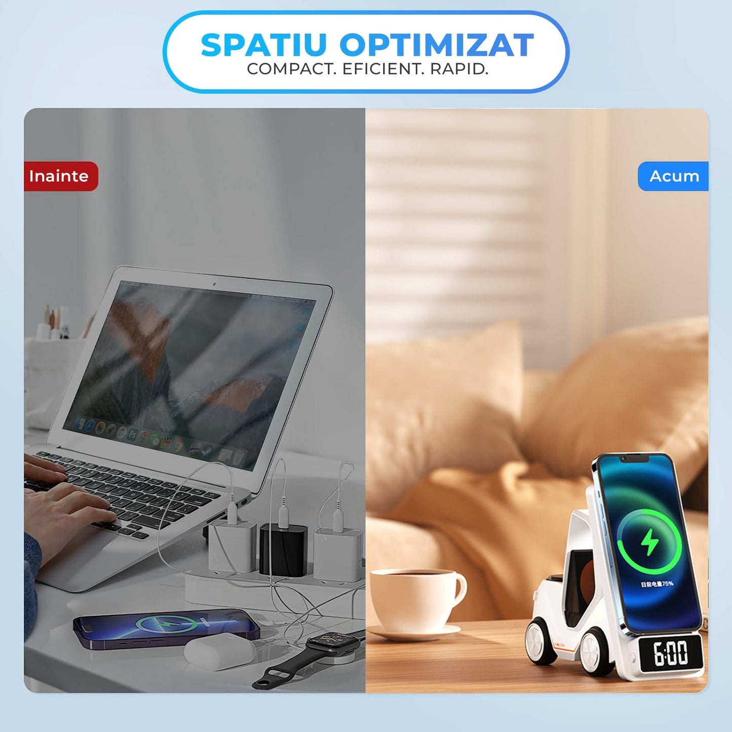 Incarcator Wireless 3 in 1 Timebox, 15W, multifunctional, Samsung, Airpods, Alb