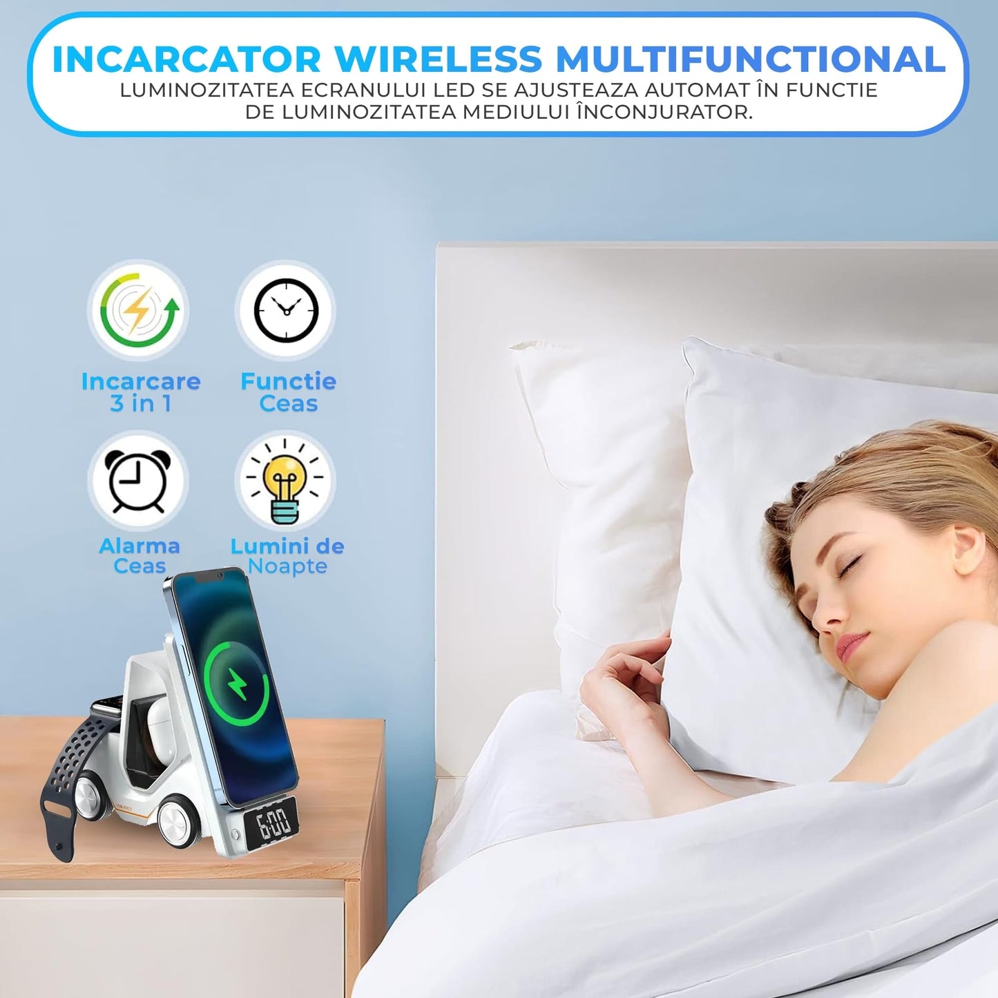 Incarcator Wireless 3 in 1 Timebox, 15W, multifunctional, Samsung, Airpods, Alb