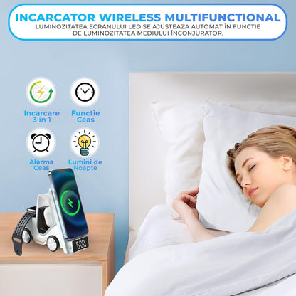 Incarcator Wireless 3 in 1 Timebox, 15W, multifunctional, Samsung, Airpods, Alb