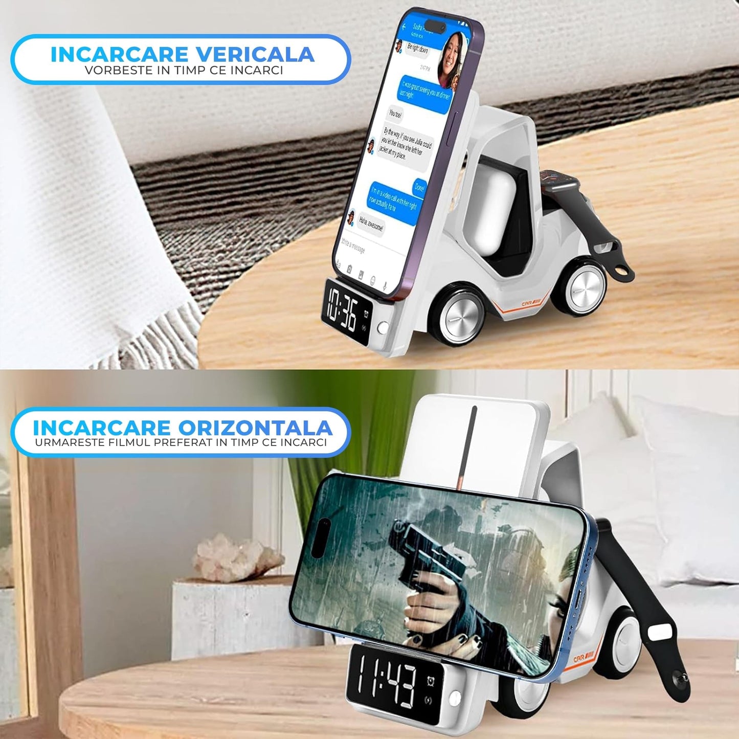 Incarcator Wireless 3 in 1 Timebox, 15W, multifunctional, Samsung, Airpods, Alb