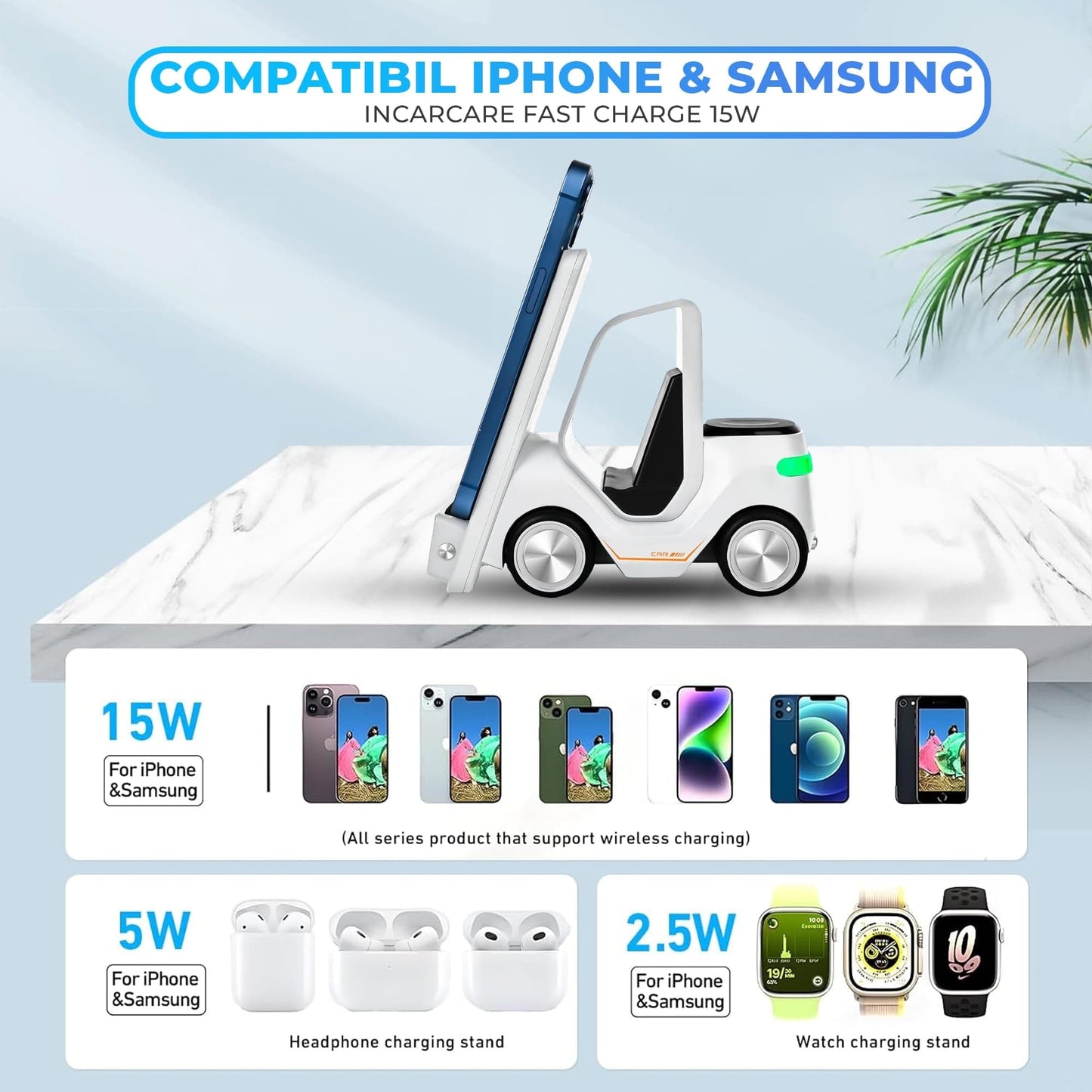 Incarcator Wireless 3 in 1 Timebox, 15W, multifunctional, Samsung, Airpods, Alb
