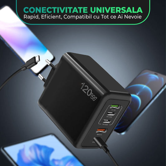 Incarcator Retea Timebox, 5 Porturi, 120W, 3 x Type-C, 2 x USB, Negru