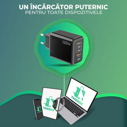 Incarcator Retea Timebox, 5 Porturi, 120W, 3 x Type-C, 2 x USB, Negru