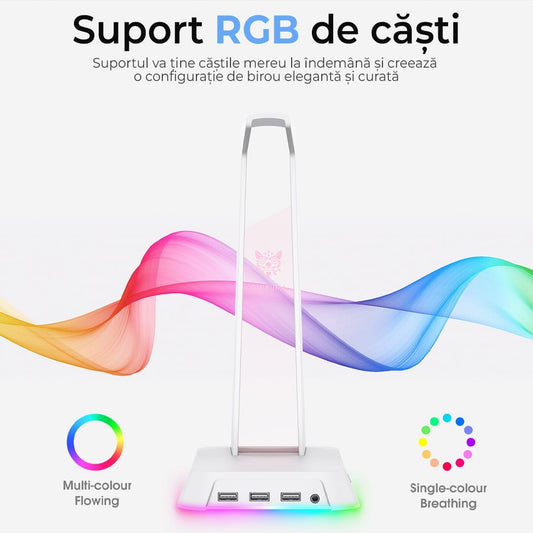 Suport casti gaming cu lumina RGB, 3 porturi USB, Anti-Slip, Alb