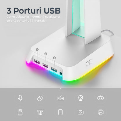 Suport casti gaming cu lumina RGB, 3 porturi USB, Anti-Slip, Alb