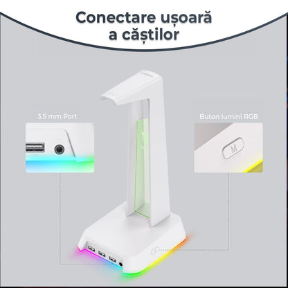 Suport casti gaming cu lumina RGB, 3 porturi USB, Anti-Slip, Alb