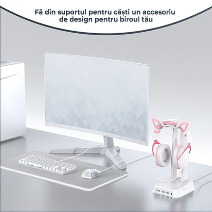 Suport casti gaming cu lumina RGB, 3 porturi USB, Anti-Slip, Alb