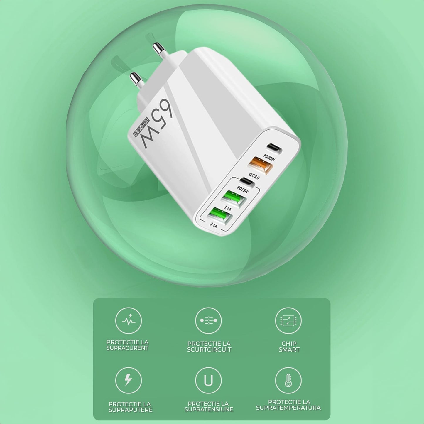 Incarcator Retea, Lightning la USB-C, 65W, 5 Porturi, 3 x USB, 2 x Type-C, Alb