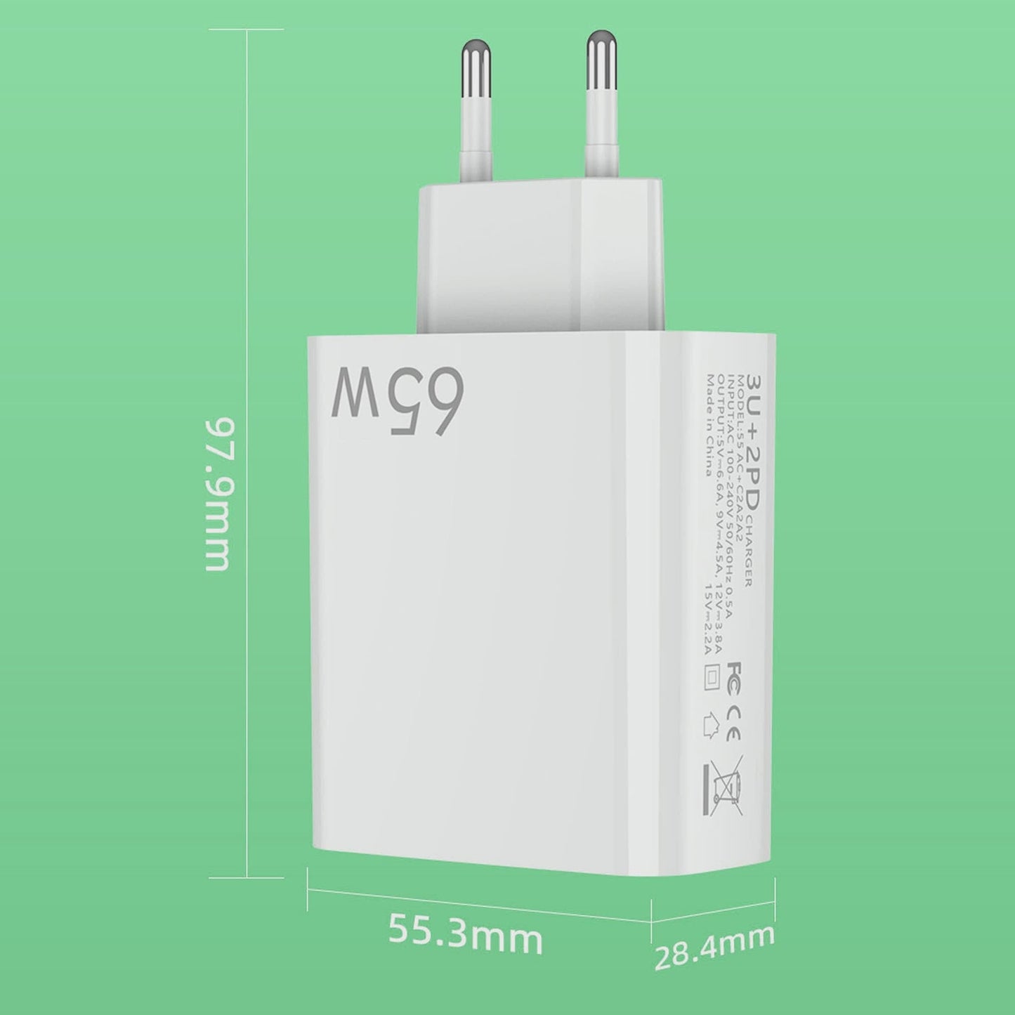 Incarcator Retea, Lightning la USB-C, 65W, 5 Porturi, 3 x USB, 2 x Type-C, Alb